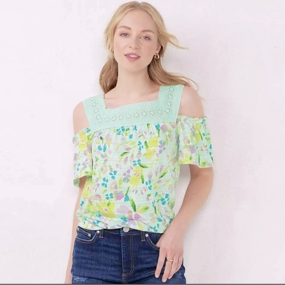 NWT LC Lauren Conrad Floral Pastel Cold Shoulder Top Size XS